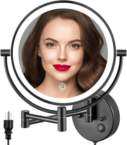 ALHAKIN 9" Wall Mounted Lighted Makeup Mirror, Large Double Sided 1X/10X Magnifying Mirror with 3 Color Lights Dimmable, 360° Rotation, Black