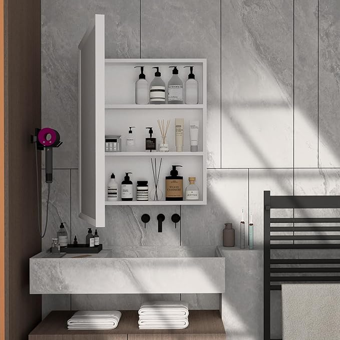 H & A Farmhouse Wood Frame Bathroom Medicine Cabinet, 24''x16'' with Mirror, Surface or Recess Mounted Installation (White)