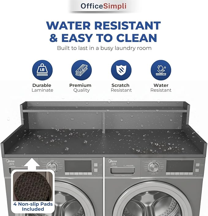 OfficeSimpli Washer Dryer Countertop with Shelf - 27.5 x 54 Inch - Made in USA Laundry Countertop Over Washer and Dryer with Non-Slip Pads, Storage Shelf, Laundry Topper Organizer, Grey