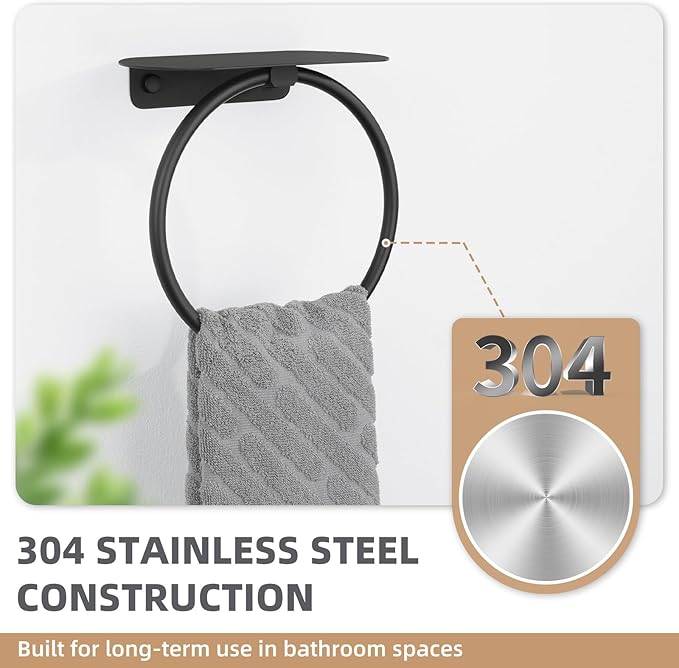 Aomasi Matte Black Bathroom Towel Ring with Shelf, Solid Stainless Steel Wall Mounted Towel Holder