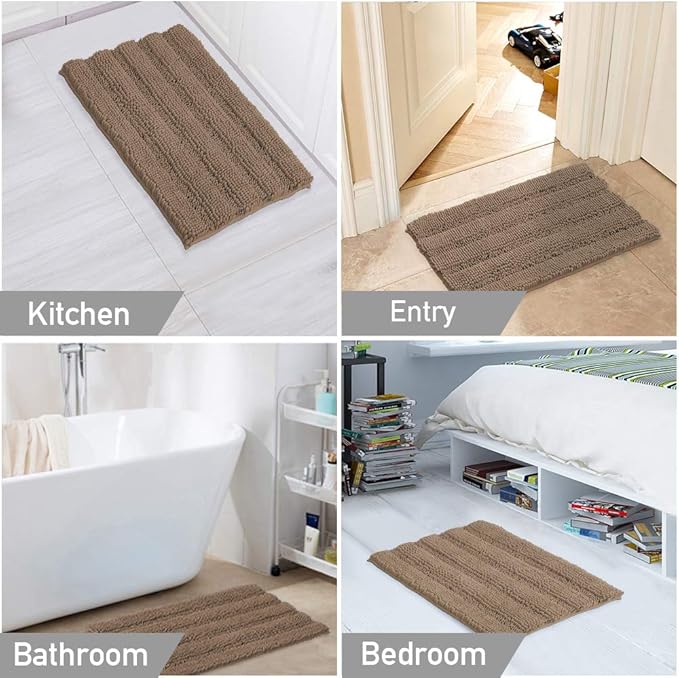 Turquoize Chenille Bathroom Rugs Set Non-Slip Bath Mats for Bathroom Extra Absorbent Shaggy Bath Mats for Floor Indoor Mat for Kitchen/Entryway (20" x 32" and 17" x 24"), Taupe Brown