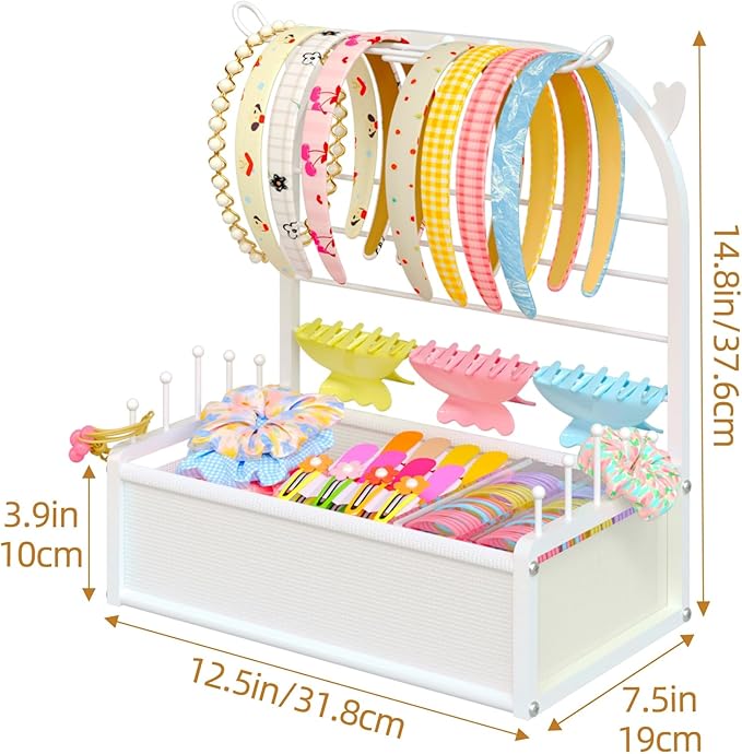 Hair Accessories Organizer for Girls, Headband Holder Stand with Storage Base, Deer Antler Display for Headbands, Scrunchies, Bows & Clips, Cute Vanity Organizer, White