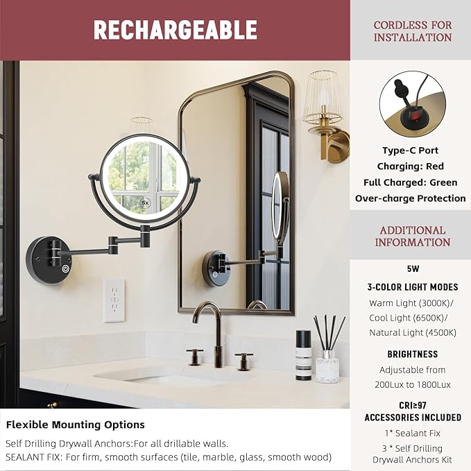 Upgraded Rechargeable Brass Wall Mounted Makeup Mirror with Light 1X/5X Magnifying, Cordless 3-Colors LED Touch Dimmable Extended Arm 360 Rotation Vanity Mirror for Bathroom, Matt Black