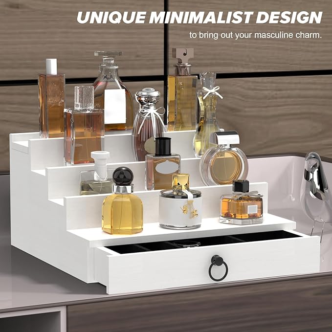 upcessory Cologne Organizer for Men, 4 Tier White Wood Perfume Organizer with Felt Lining Drawer and Hidden Compartment, Perfume Display Holder, A Gift for Men