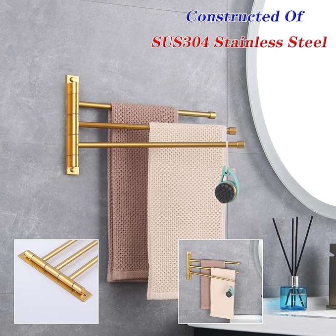 GERZWY SUS 304 Stainless Steel Bathroom Hand Towel Rack 3-Bar Folding Arm Swivel Hanger Bath Towel Holder Swing Out Towel Bar Wall Mount Gold Finished HYG03-BE