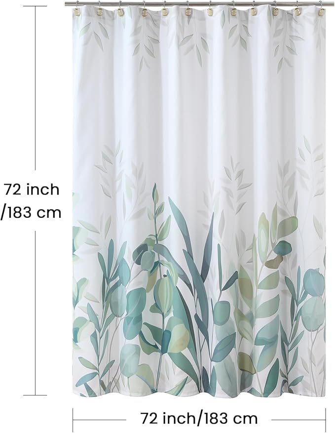 Fabric Shower Curtain, Sage Green Plant Botanical Eucalyptus Leaves Print Shower Curtains for Bathroom, 72" W x 72" H