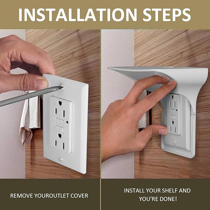 Outlet Shelf 2Pcs Sturdy & Smooth White PP Wall Outlet Shelf with Cord Hole Space-Saving Holder for Bathroom Products, Kitchen Accessories, Electronics