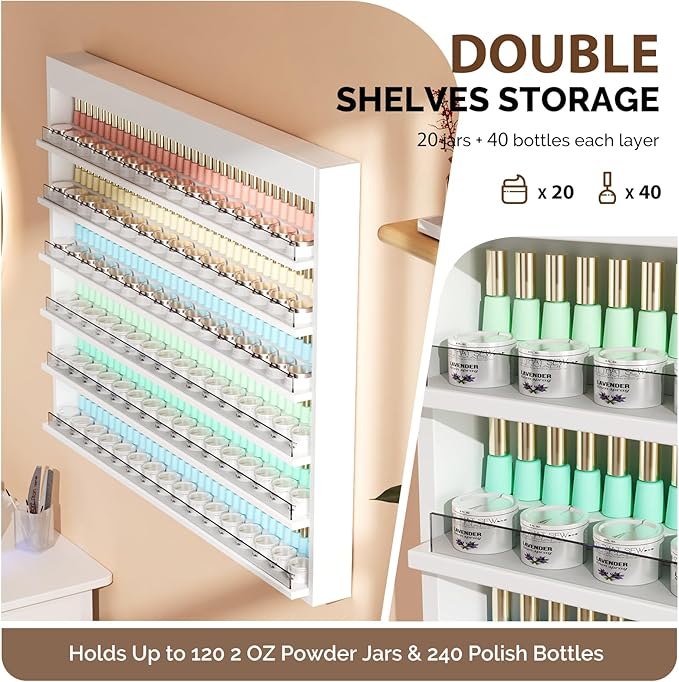 OmySalon Powder & Polish Rack - 6-Tier Double Nail Polish Organizer Wall-Mounted Salon Display Rack with Acrylic Barrier for Nail Salon Spa Home Beauty Studios (White)