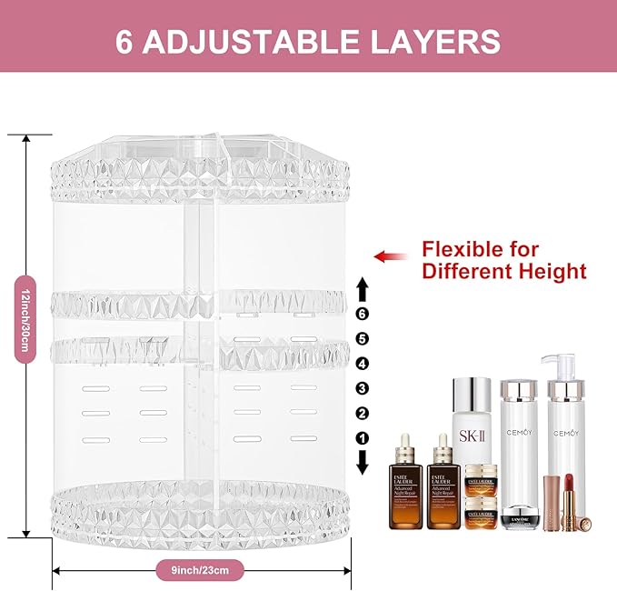360 Rotating Makeup Organizer, DIY Adjustable Cosmetics Organizer[Patented Product], Professional Acrylic Make Up Caddy Shelf Storage Perfume, Lipsticks, Makeup Brushes or Accessories (Transparent)