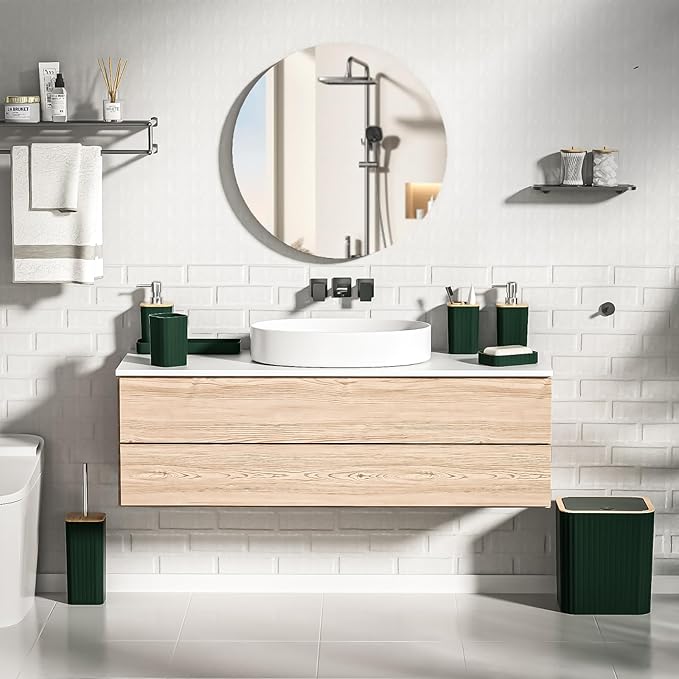 XLHOMO Bathroom Set - Elegant Green Bathroom Set, 10PC Green Bathroom Accessories Set, Bathroom Sets with Toilet Brush, Bathroom Trash Can