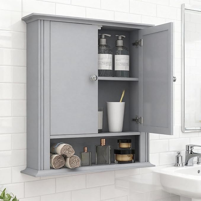 Wall Mounted Bathroom Cabinet Wooden Storage Cabinet with 2 Doors & Adjustable Shelf, Hanging Wall Cabinet Over Toilet, Upper Cabinet Storage Cupboard forBathroom, Kitchen,Laundry Room, Light Grey