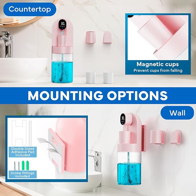 Automatic Mouthwash Dispenser for Bathroom, 21.12 oz Touchless Smart Mouth Wash Dispensers Bathroom Accessories Set with 4 Magnetic Cups, 4 Modes Wall Mounted Mouth Wash Dispenser for Home & Kids