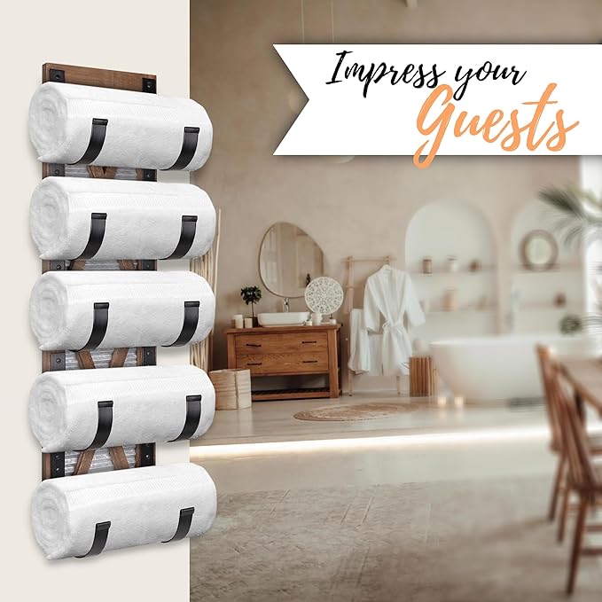 Autumn Alley Farmhouse Towel Holder, Rustic Wine Rack, Rolled Towel Rack, and Wine Holder for Farmhouse Bathroom Accessories Décor, Western Decor Wall Mounted Towel Rack, Rustic Brown