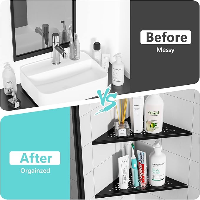 Qeke Corner Shower Shelves, 10” Recessed Tile Shower Shelf Matte Black, 304 Stainless Steel Grout in Corner Tile Bathroom Shelves, No Drilling, 2 Pack