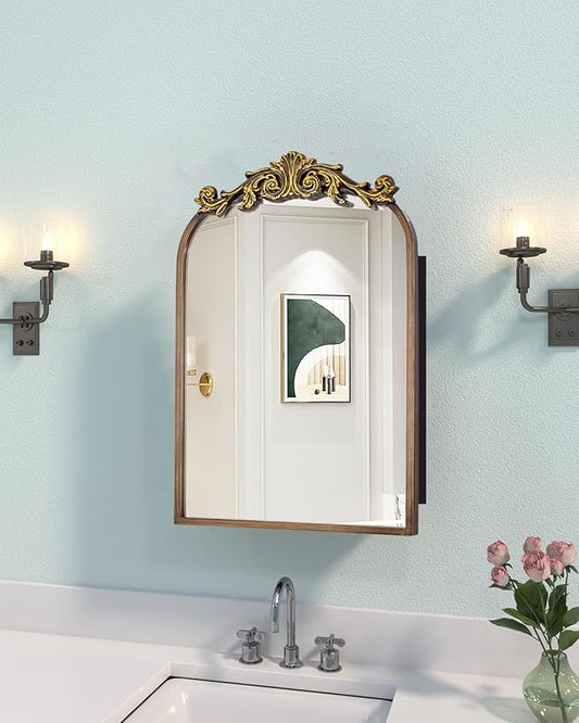 16x24 Inch Recessed or Surface Mount Medicine Cabinet Mirror with Vintage Bronze Carving & Hand-Painted Aluminum Frame, All-Metal Construction, 2 Shelves, Arched Mirror for Bathroom, Entryway, Hallway