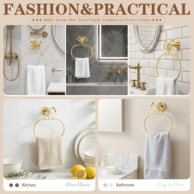 Gold Bow Hand Towel Holder, Coquette Oval-Shaped Brass Towel Ring Bow Modern Girly Decorative Wall Mount Towel Racks with Hardware Accessories for Room Bathroom Kitchen Decor