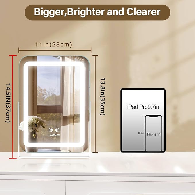 halumao 14.5" Rechargeable Vanity Mirror with Lights, 3500 mAh Lighted Makeup Mirror, Smart Touch 3 Colors Dimmable, Tabletop Mirror for Makeup Desk, Memory Function
