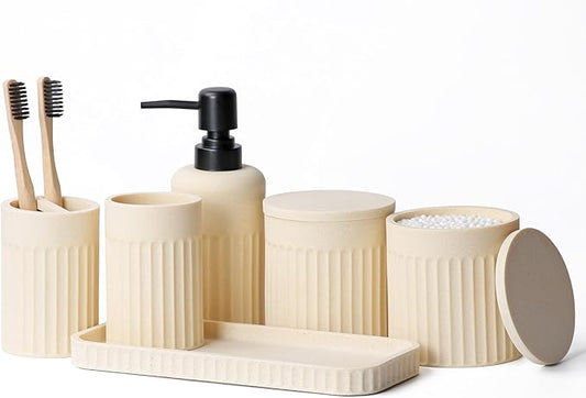 INIUNIK Bathroom Accessory Set - 6 Pieces Bathroom Accessories Set Complete with Soap Dispenser, Toothbrush Holders, Tumbler, Vanity Tray and 2 Qtip Holder for Home Organizer and Decor, Beige