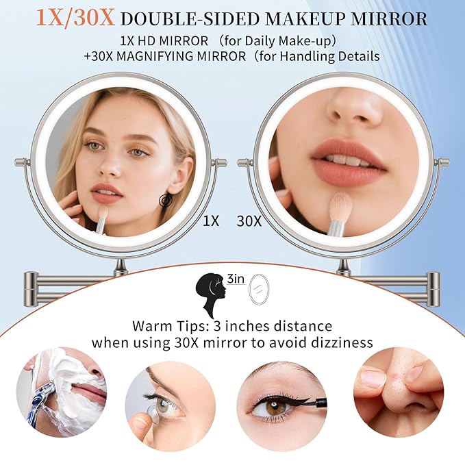 FUNTOUCH 5000mAh Rechargeable Wall Mounted Makeup Mirror with Lights, 9" Double Sided 1X/30X Magnifying Mirror with Dimmable 3 Color Light, Extended Swing Arm 360° Wall Mount Bathroom Mirror,Nickel