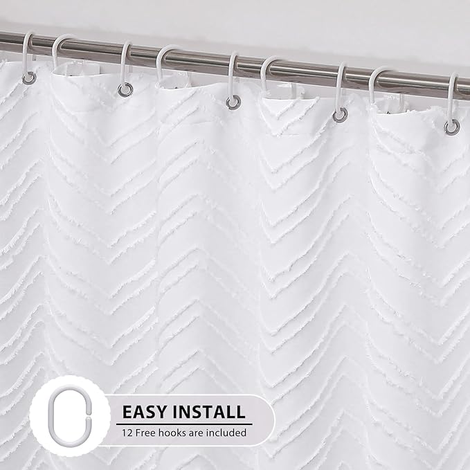 OVZME White Boho Fabric Shower Curtain 72 Inch Length, Tufted Chevron Striped Minimalist Premium Thick Cloth Bathroom Shower Curtain, Modern Hotel Textured Bathroom Decor, 72Wx72L Inches