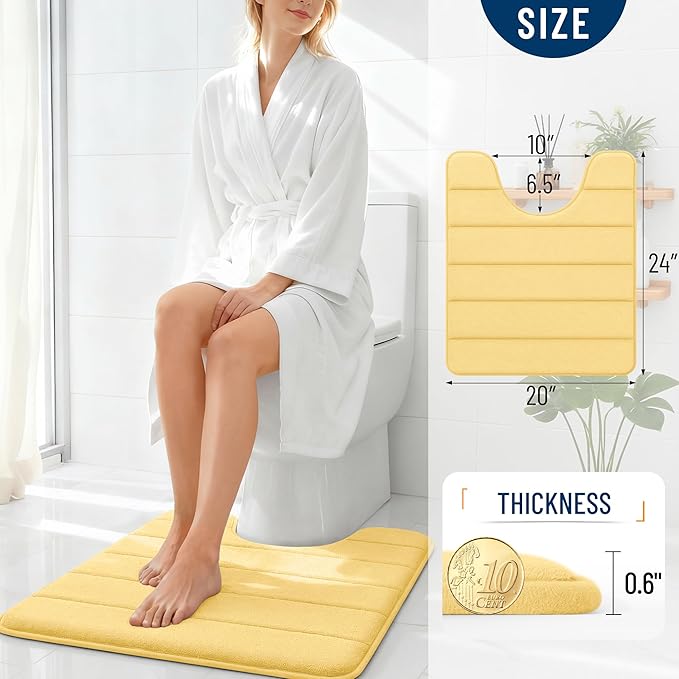 OLANLY Memory Foam Toilet Rugs U Shaped 24x20, Super Soft Absorbent Contour Bath Rugs, Quick Dry, Machine Washable Toilet Mat, Bathmat Floor Carpet, Bathroom Home Decor Accessories, Yellow