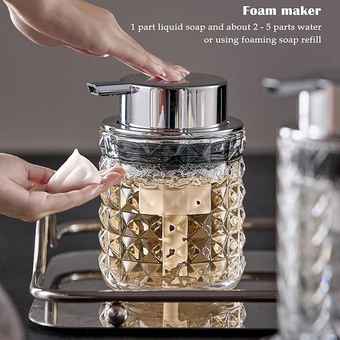 CICUFY Foaming Hand Soap Dispenser, Glass Foam Soap Dispenser or Lotion Dispenser for Kitchen & Bathroom Refillable Clear Glass Liquid soap Dispenser with Large Silver Pump-1 Pack