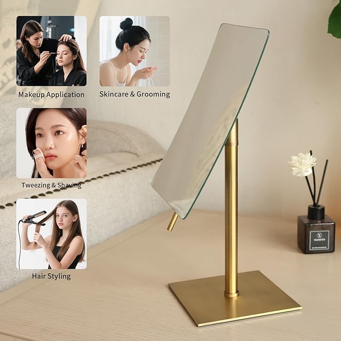 Bronze Table Standing Rectangular Vanity Makeup Mirror with 3X Magnification, Highly Adjustable, Crafted from 304 Stainless Steel, for Hotel Bathroom
