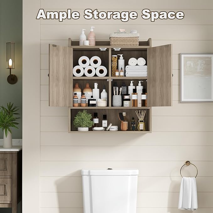 EasyCom 22" W x 26" H Bathroom Wall Cabinet, Farmhouse Medicine Cabinet with Adjustable Shelves and 2 Barn Doors, Over The Toilet Storage Cabinet for Bathroom, Kitchen, Living Room, Oak Grey