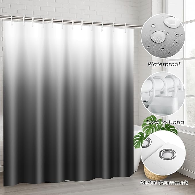 Ombre Grey Black Bathroom Decor and Accessories Set, Shower Curtain and Rug Set with Trash Can, Soap Dispenser, Soap Dish, Toothbrush Holder, Toothbrush Cup, Toilet Brush