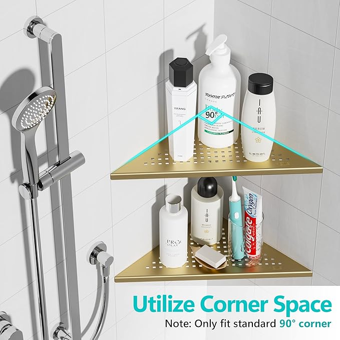 Qeke Corner Shower Shelves, 10” Recessed Tile Shower Shelf Brushed Golden, 304 Stainless Steel Grout in Corner Tile Shower Shelves, No Drilling, 2 Pack