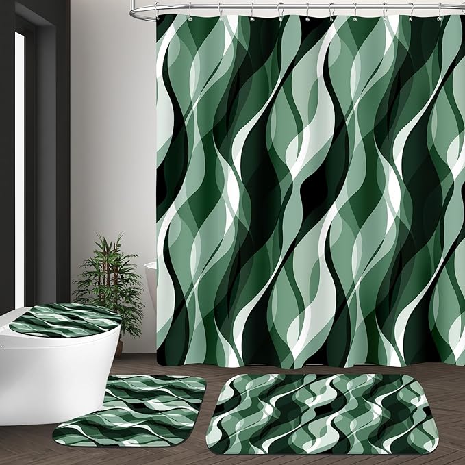 4PCS Emerald Green Bathroom Sets with Shower Curtain and Rugs, Abstract Striped Shower Curtain Sets with Rugs, Modern Bathroom Curtains Shower Set with Toilet Lid Cover
