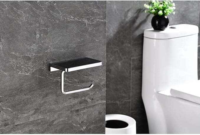 HomeStock Bagno Bianca Stainless Steel Black Glass Shelf with Toilet Paper Holder in Gun Metal