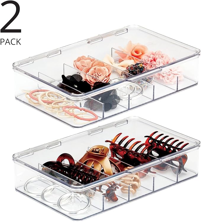 mDesign Plastic Divided Stackable Hair, Makeup & Jewelry Organizer Box with Hinge Lid for Bathroom Vanity Countertop - 5 Sections - Stores Hair Clips, Barrettes - Ligne Collection - 2 Pack - Clear