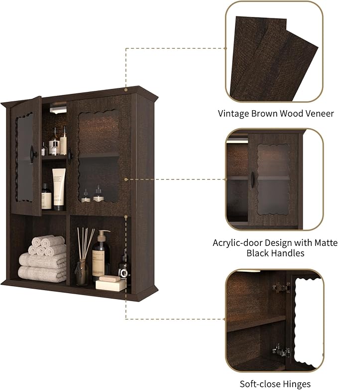 CJL Bathroom Wall Cabinet with Motion Sensor Led Light, Over The Toilet Storage Cabinet, 23.6'' x 29.5'' Medicine Cabinet of Mid-Century Modern Design with Acrylic Door, Brown