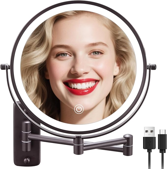 DECLUTTR 9 Inch Wall Mounted Lighted Makeup Mirror, Double-Sided Magnifying Mirror 1x/10x, 3 Colors Lighted Makeup Mirror, Touch Dimmable 360° Rotation Foldable Light Up Mirror, Bronze