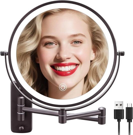 DECLUTTR 9 Inch Wall Mounted Lighted Makeup Mirror, Double-Sided Magnifying Mirror 1x/10x, 3 Colors Lighted Makeup Mirror, Touch Dimmable 360° Rotation Foldable Light Up Mirror, Bronze