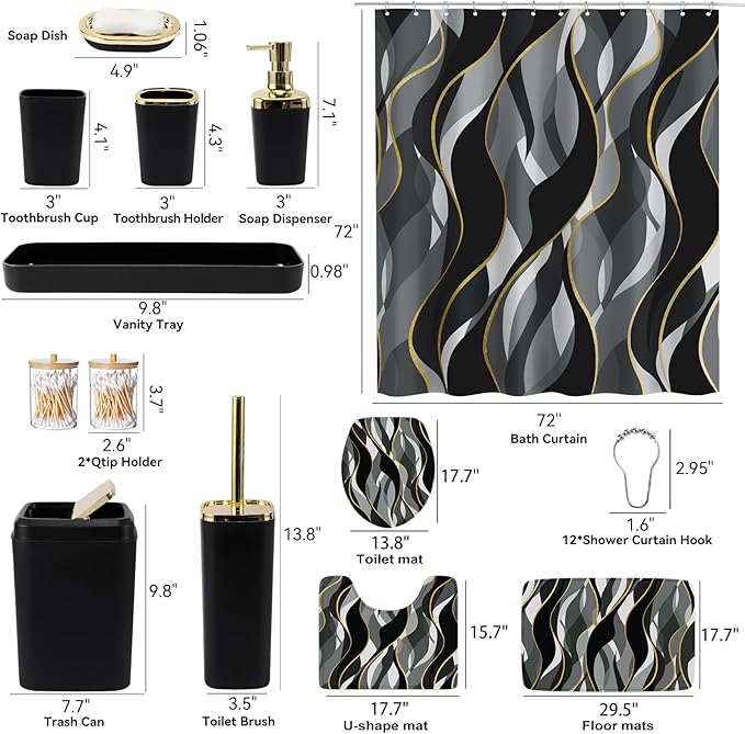 XLHOMO Bathroom Set - Black and Gold Bathroom Accessories, Bathroom Sets with Shower Curtain and Rugs, Black Shower Curtain Set with Bathroom Trash Can, Soap Dispenser, Soap Dish for Home Decor