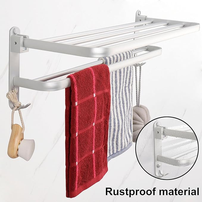 TocTen Towel Rack for Bathroom, Foldable Towel Holder with Double Towel Bars, Wall Mounted SUS304 Stainless Steel Bathroom Tower Shelf, Space-Saving Towel Hanger for Bathroom, Lavatory (Silver,24 in)