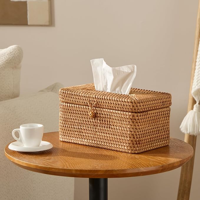 Rattan Rectangular Tissue Box Cover, 10.8" x 6.7" x 5.5", Decorative Woven Facial Tissue Holder with Hinged Top Lid, Natural Color