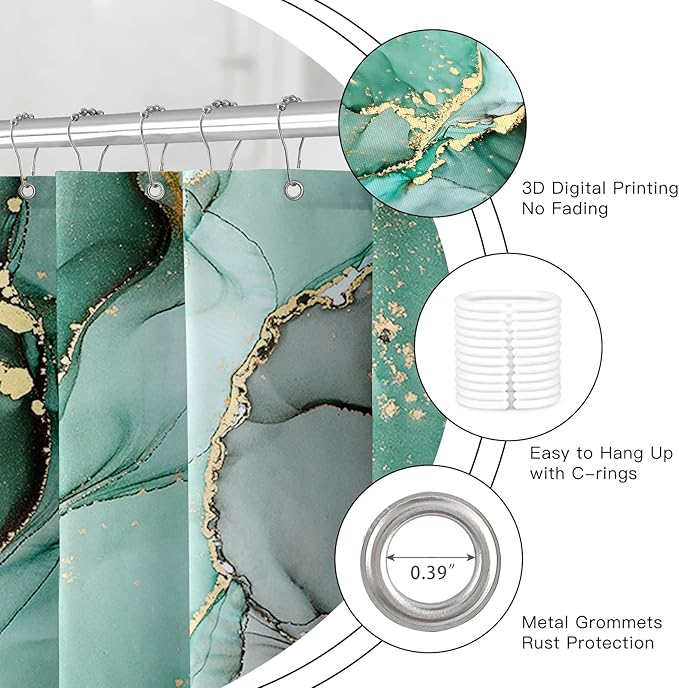 4PCS Emerald Green Marble Bathroom Sets with Shower Curtain and Rugs, Abstract Shower Curtain Sets with Rugs, Gold Bathroom Curtains Shower Set with Toilet Lid Cover Accessories