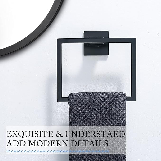 TQKAG Matte Black Towel Ring Bathroom Hand Towel Holder Stainless Steel Square Towel Hangers Wall Mounted