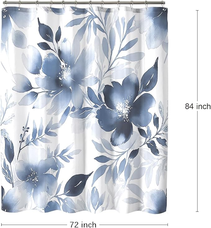 Floral Shower Curtain, Blue Watercolor Flower Shower Curtains for Bathroom, Modern Minimalist Waterproof Fabric Bath Decoration 72x84 Inch