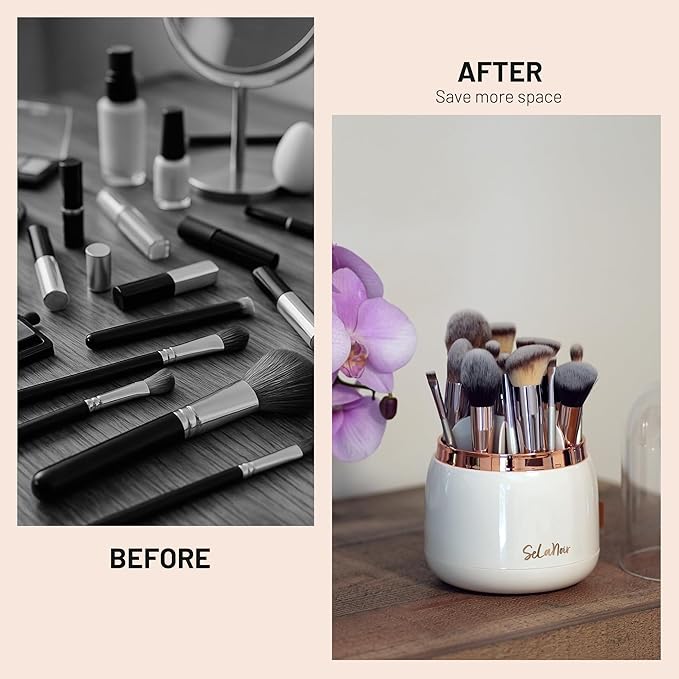 Rotating Makeup Brush Holder with Lid – Dustproof Vanity Organizer for Makeup Brushes, Bonus Foldable Makeup Brush Cleaner Bowl Included, Elegant Seafoam Green Storage Solution