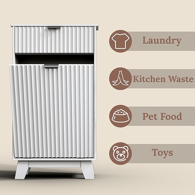 Double Tilt Out Laundry Hamper Cabinet, 20 Gallon Wooden Trash Can Cabinet with Storage Drawers, Hidden Fluted Garbage Can Holder for Kitchen, Living Room (White, 20.47" W x 35.83" H x 13" D)