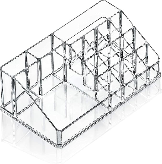 Clear Makeup Organizer, 12-Lipstick Slots and 4-Compartments Cosmetic Storage Display Case, Makeup Accessories Storage Stand for Lipstick, Brushes (Medium)