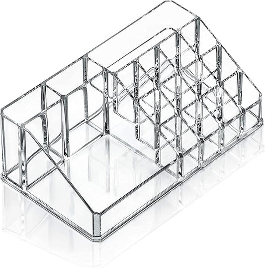 Clear Makeup Organizer, 12-Lipstick Slots and 4-Compartments Cosmetic Storage Display Case, Makeup Accessories Storage Stand for Lipstick, Brushes (Medium)