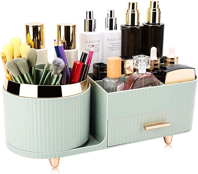 Beborxue 360?? Rotating Makeup Organizer for Vanity with Drawers, Large Capacity Cosmetic Display Case, skincare organizer, Cosmetic Organizer for Lipstick, Skincare, Brushes, Eyeshadow, (Green)