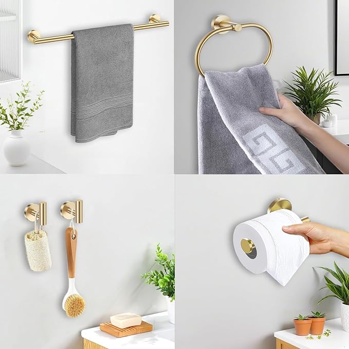 Brushed Gold Bathroom Accessories Set, 7 Pieces Gold Towel Bar Bathroom Hardware Set, 24 Inch Towel Racks for Bathroom, SUS304 Stainless Steel Bathroom Towel Holder Toilet Paper Holder Wall Mounted
