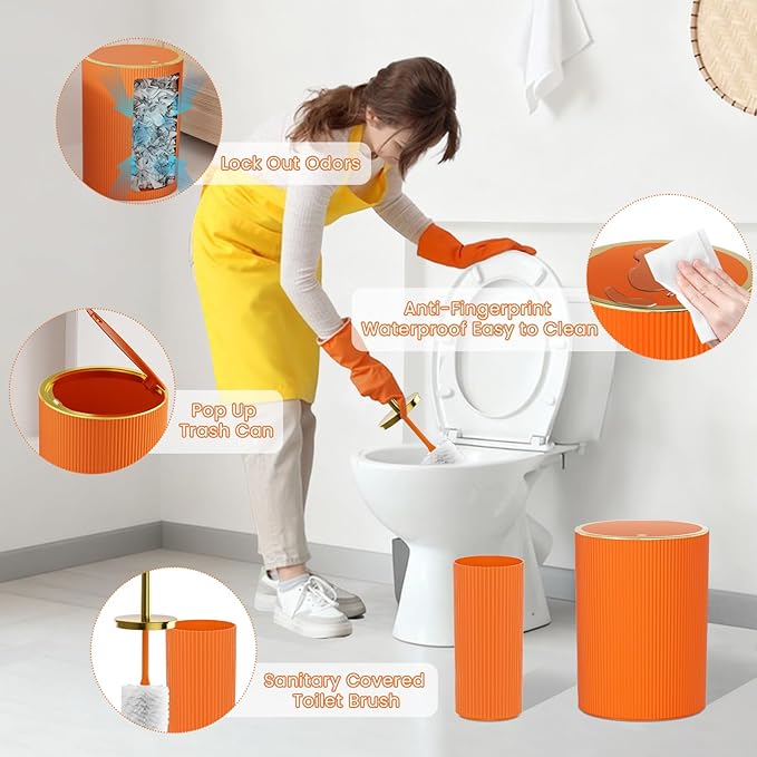 Orange Bathroom Accessories Set, 10PC Bathroom Set, Bath Accessory with Pop Up Trash Can, Soap Dispenser, Toilet Brush, Toothbrush Set Qtip Holders & Tray