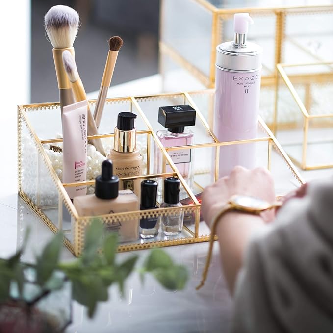 Makeup Organizer Antique Countertop Cosmetic Storage Box Glass Beauty Display, Gold Spin Large Capacity Holder for Brushes Lipsticks Skincare Toner